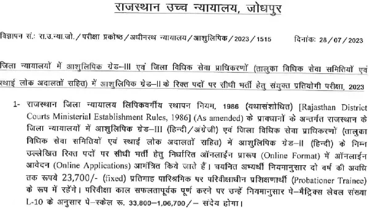 Rajasthan High Court Stenographer Recruitment 2023
