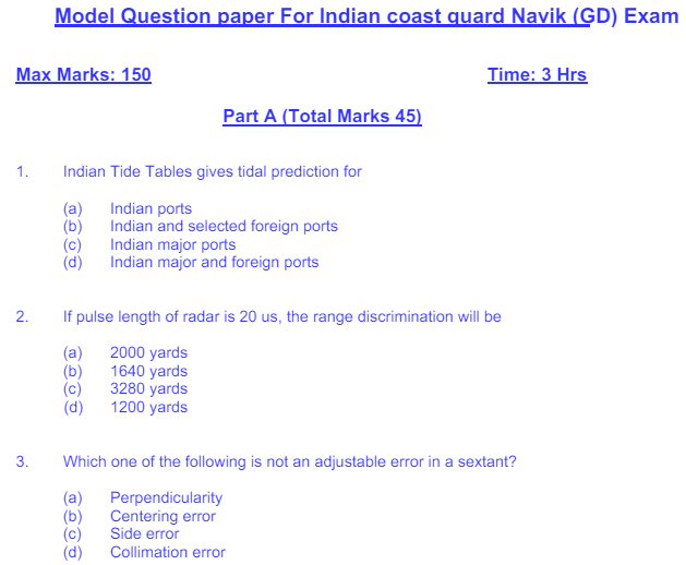 Indian Coast Guard Previous Year Question Papers