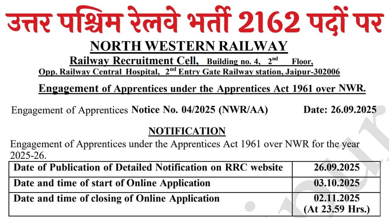 RRC NWR Railway Apprentice Recruitment 2025