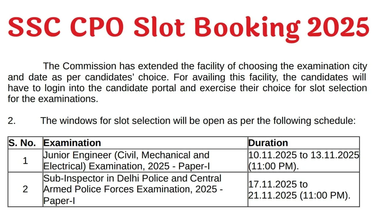 SSC CPO SI Exam Self Slot Selection 2025