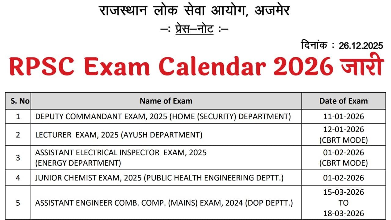 RPSC Exam Calendar 2026
