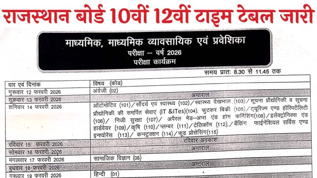 Rajasthan Board 10th 12th Time Table 2026
