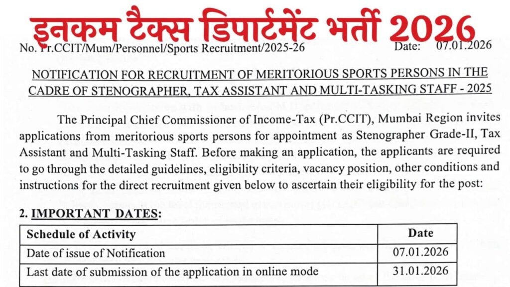 Income Tax Sports Quota Recruitment 2026