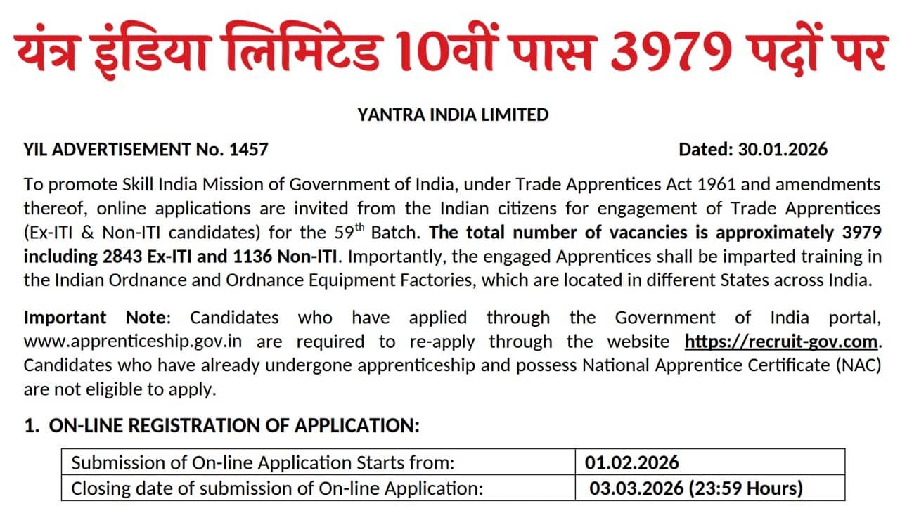 Yantra India Limited Recruitment 2026