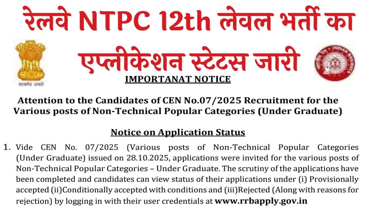 RRB NTPC 12th Level Application Status 2026