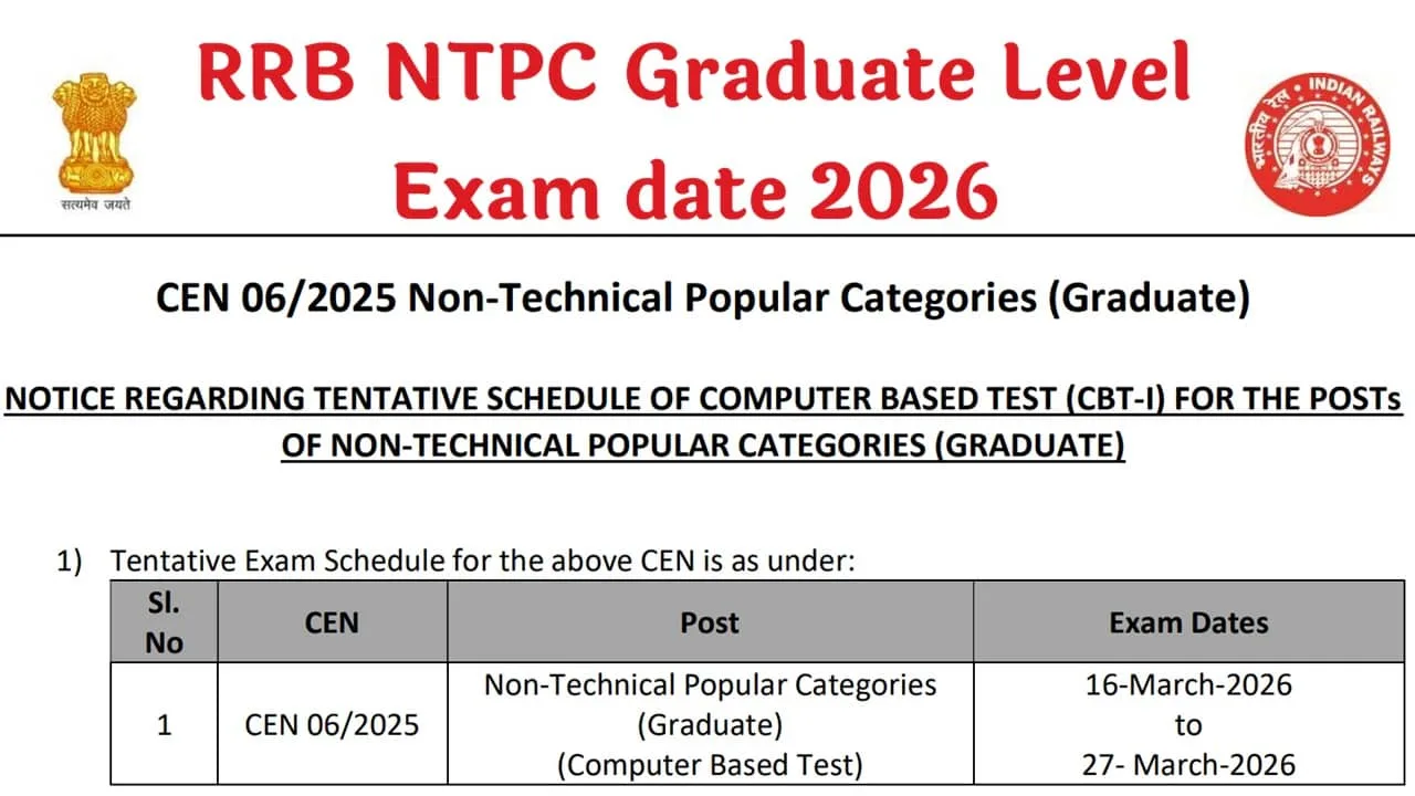 RRB NTPC Graduate Level Exam date 2026