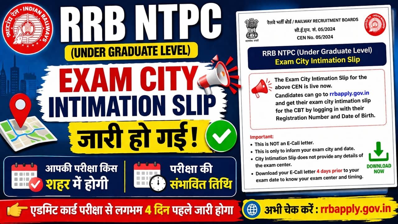 Railway NTPC 12th Level Exam City 2026