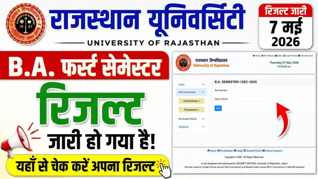 Rajasthan University BA 1st Semester Result 2026