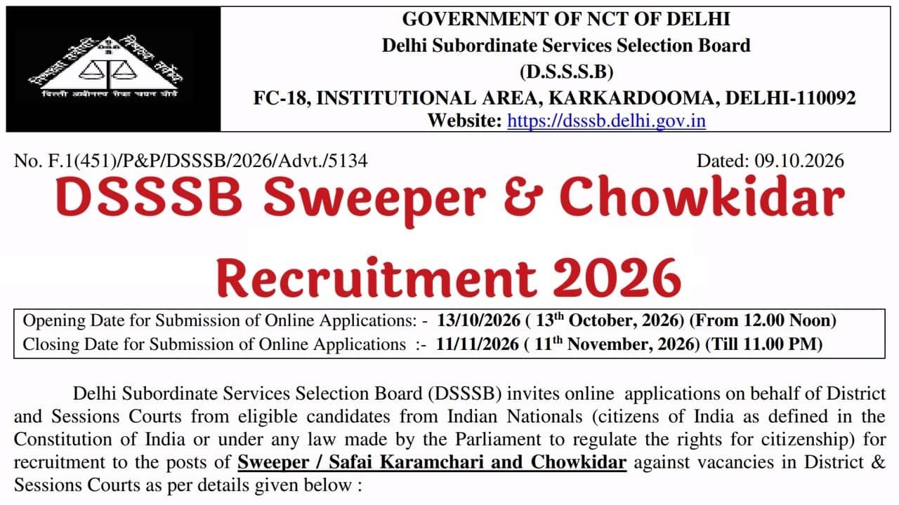 DSSSB Sweeper & Chowkidar Recruitment 2026