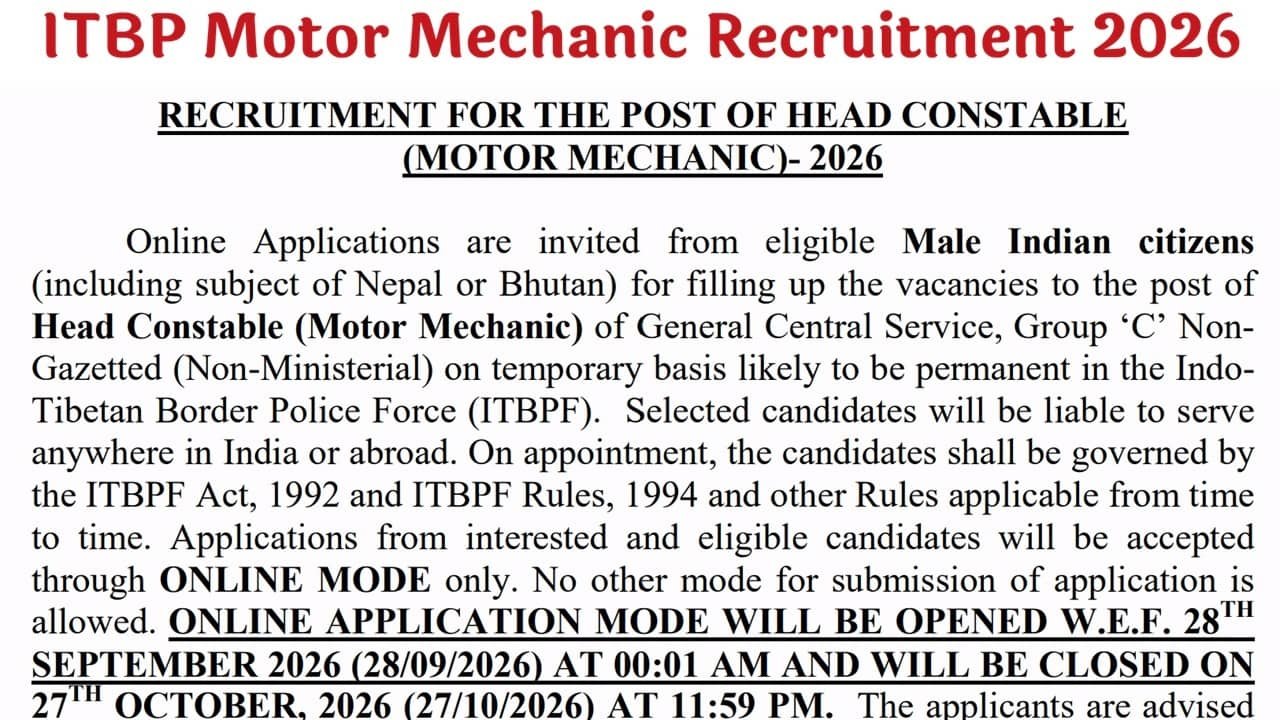 ITBP Motor Mechanic Recruitment 2026
