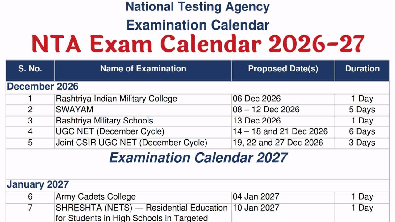 NTA Exam Calendar 2026-27