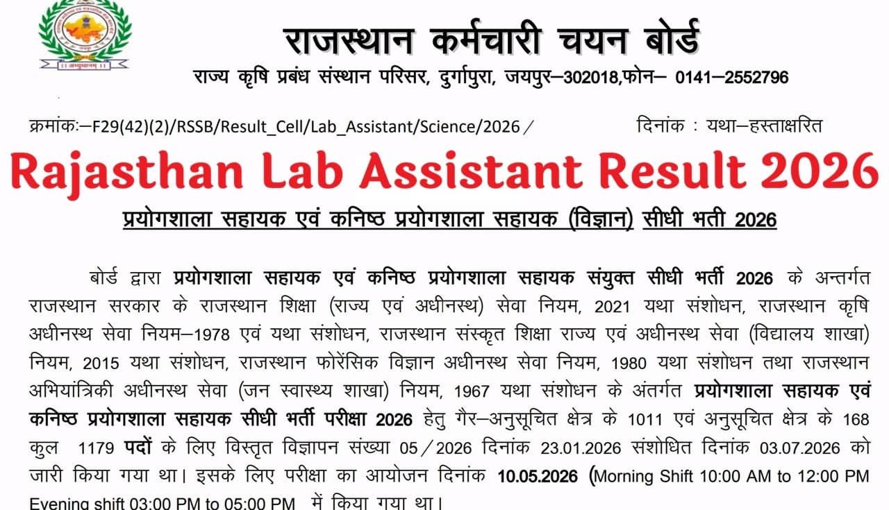 Rajasthan Lab Assistant Result 2026