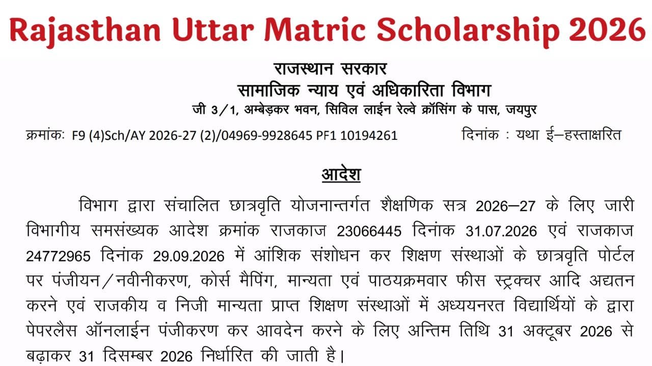 Rajasthan Uttar Matric Scholarship 2026-27