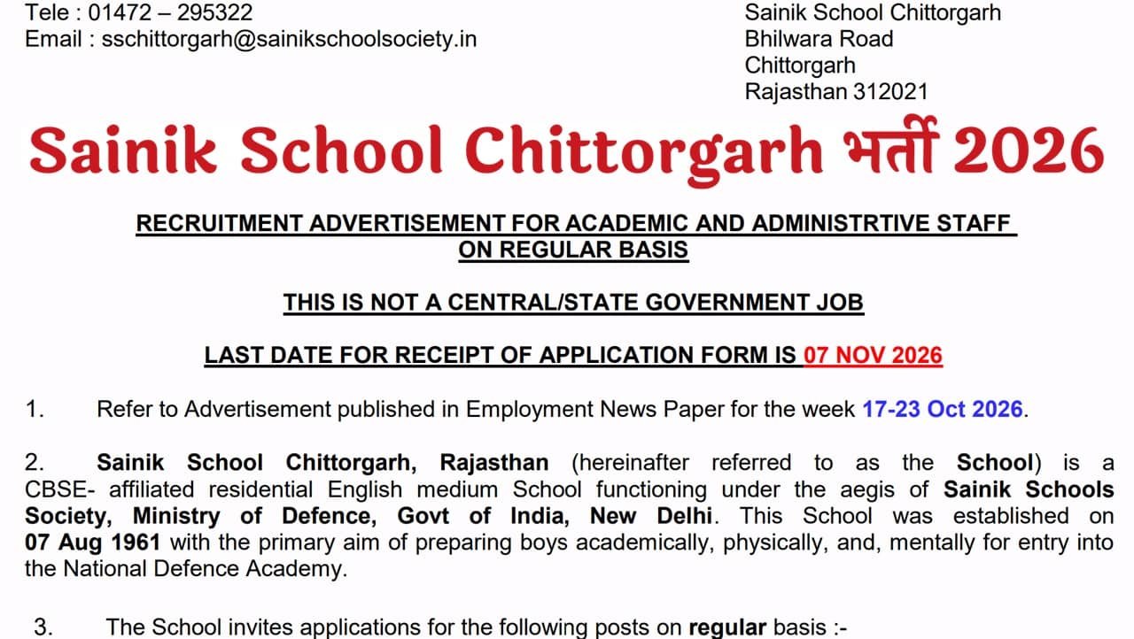 Sainik School Chittorgarh Recruitment 2026